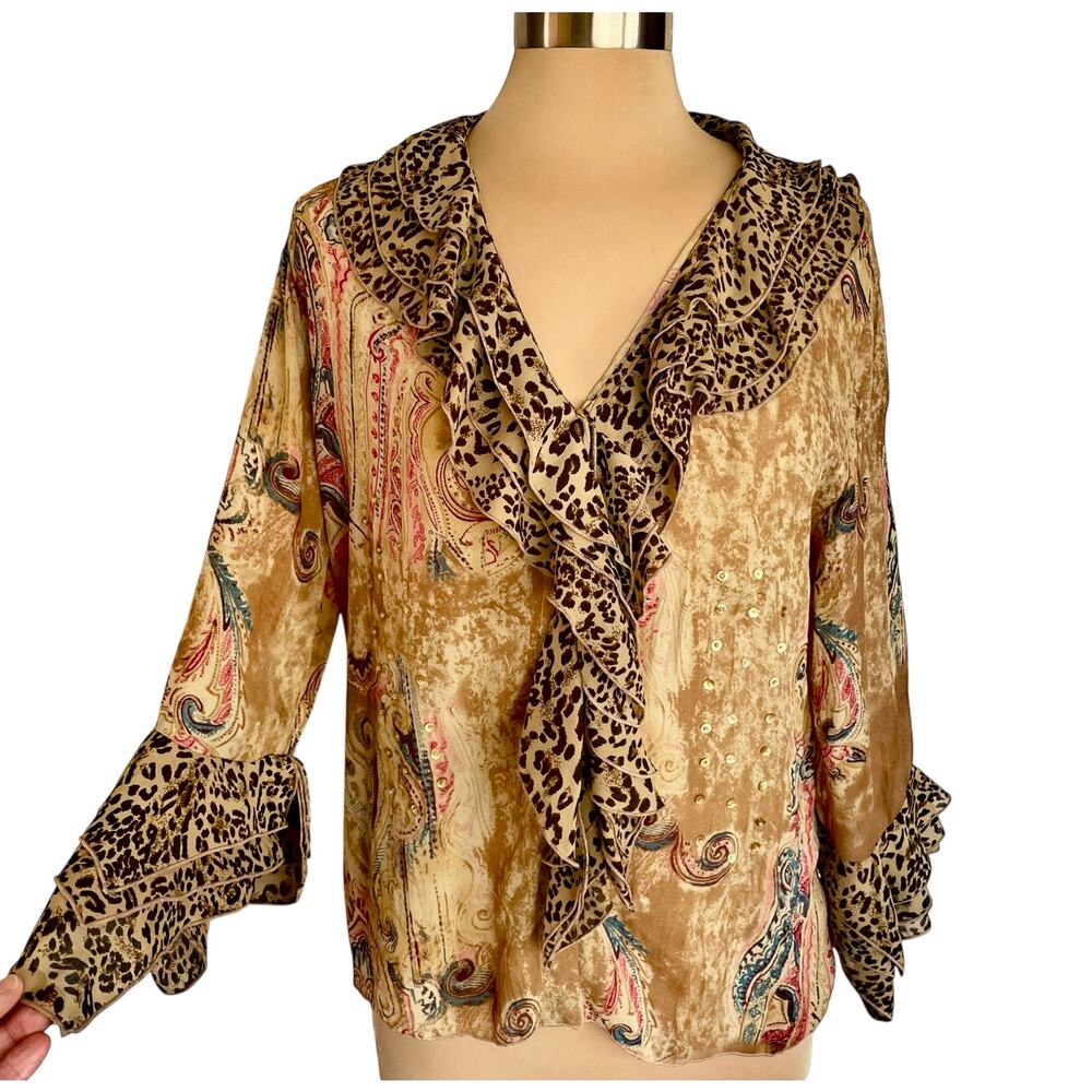 Vintage‎ Y2K Agora Ruffle Sequin Blouse MED Boho Fairy Grunge Whimsigoth Leopard